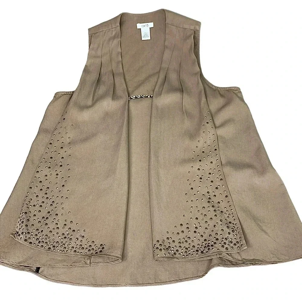 Cache Silk Blend Sleeveless Open Front Studded Vest Women Size M Brown Waterfall